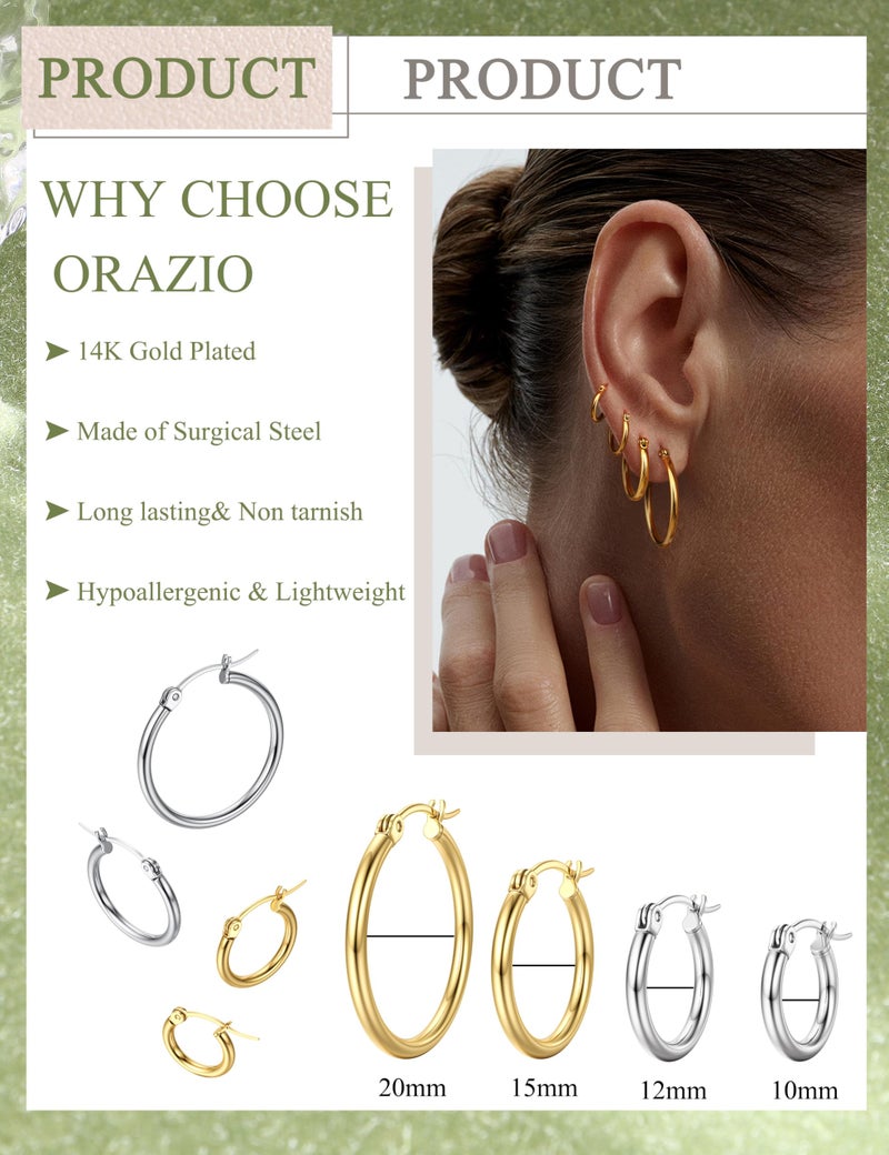 ORAZIO 8 Pairs Hoop Earrings for Women Men Stainless Steel Hooped Earrings Set(E: Silver-tone,4 pairs,Gold-tone,4 pairs) - Image 2
